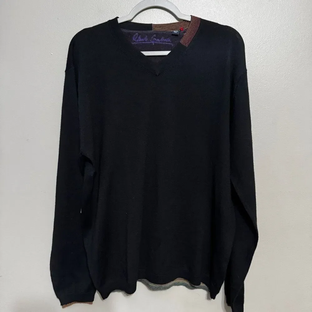 Robert Graham Wool V Neck Pullover Sweater Fitted black size XL